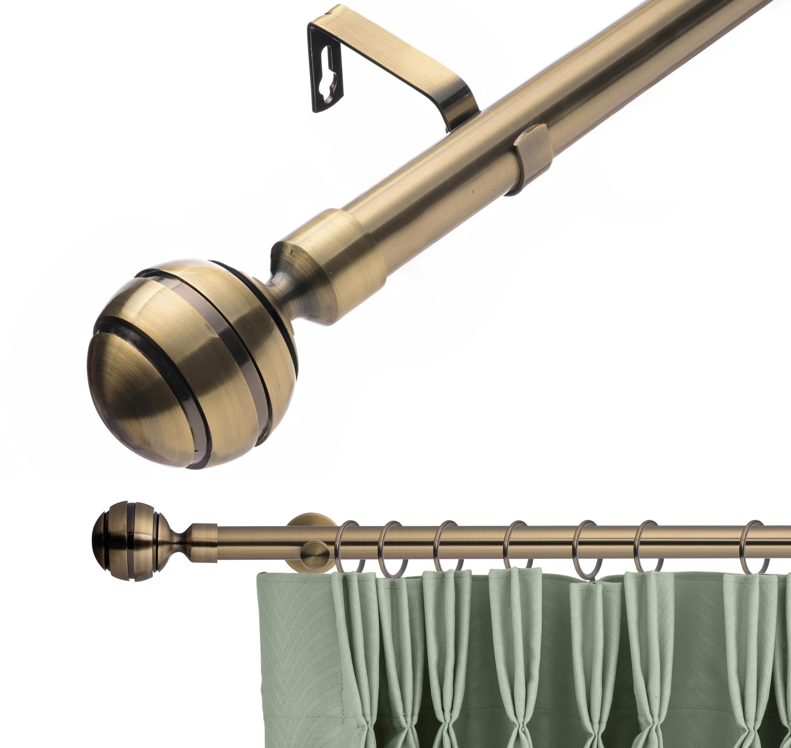 Lister Cartwright 28mm Antique Brass Adjustable Telescopic Extendable Metal Curtain Pole Set with Ribbed Ball Finial Voile Easy fit to Outdoor, Bedroom, Living Room (210-320 cm)