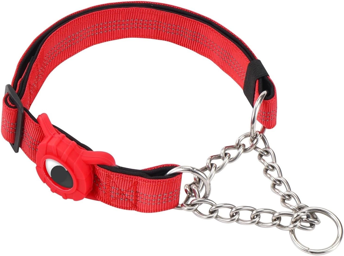 Dog Collar with Tag Holder, Reflective Nylon Soft Padded Training Collars Adjustable Stainless Steel Chain(Pink,S)
