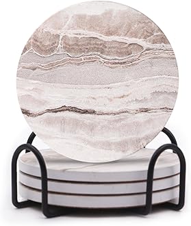 LIFVER Absorbent Coaster Sets of 4, Drink Coasters with Holder, Marble Style Ceramic Drink Coaster for Tabletop Protection, Suitable for Kinds of Cups, Wooden Table, Cool Home Decor, 4 Inches