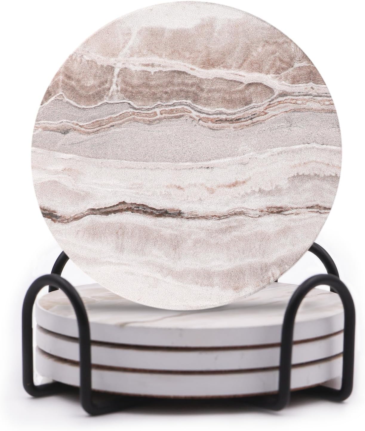 Absorbent Coaster Sets of 4, Drink Coasters with Holder, Marble Style Ceramic Drink Coaster for Tabletop Protection, Suitable for Kinds of Cups, Wooden Table, Cool Home Decor, 4 Inches