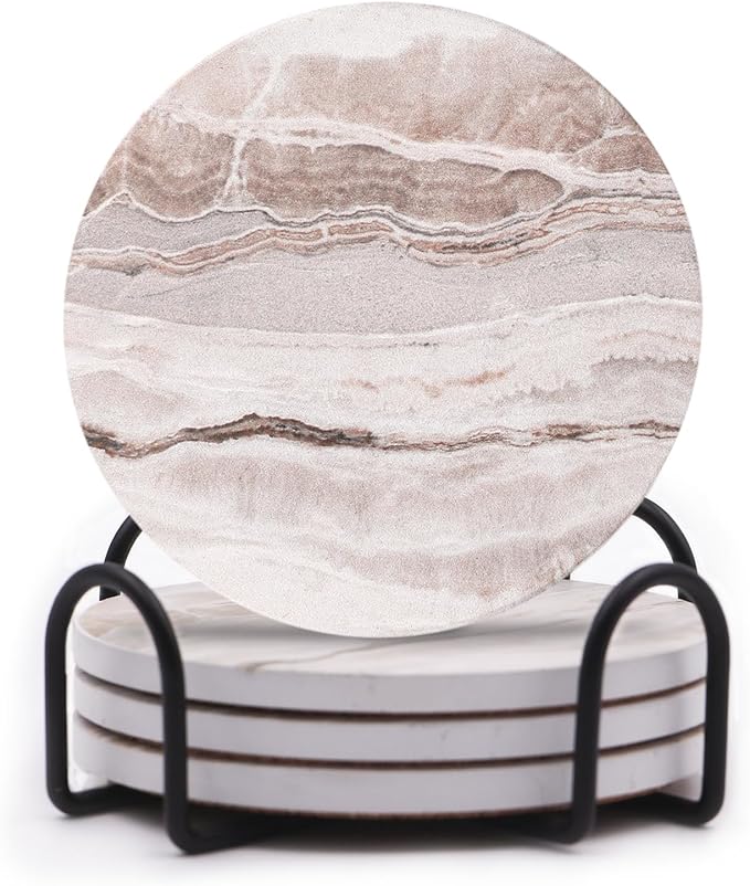 LIFVER Coasters Set of 8 for Drinks, White Marble-Style Anti-Slip Absorbent Drink Coasters with Holder, Modern Marble Stone Coaster for Home Patio Decor Coffee Bar Accessories Ideal Housewarming Gifts