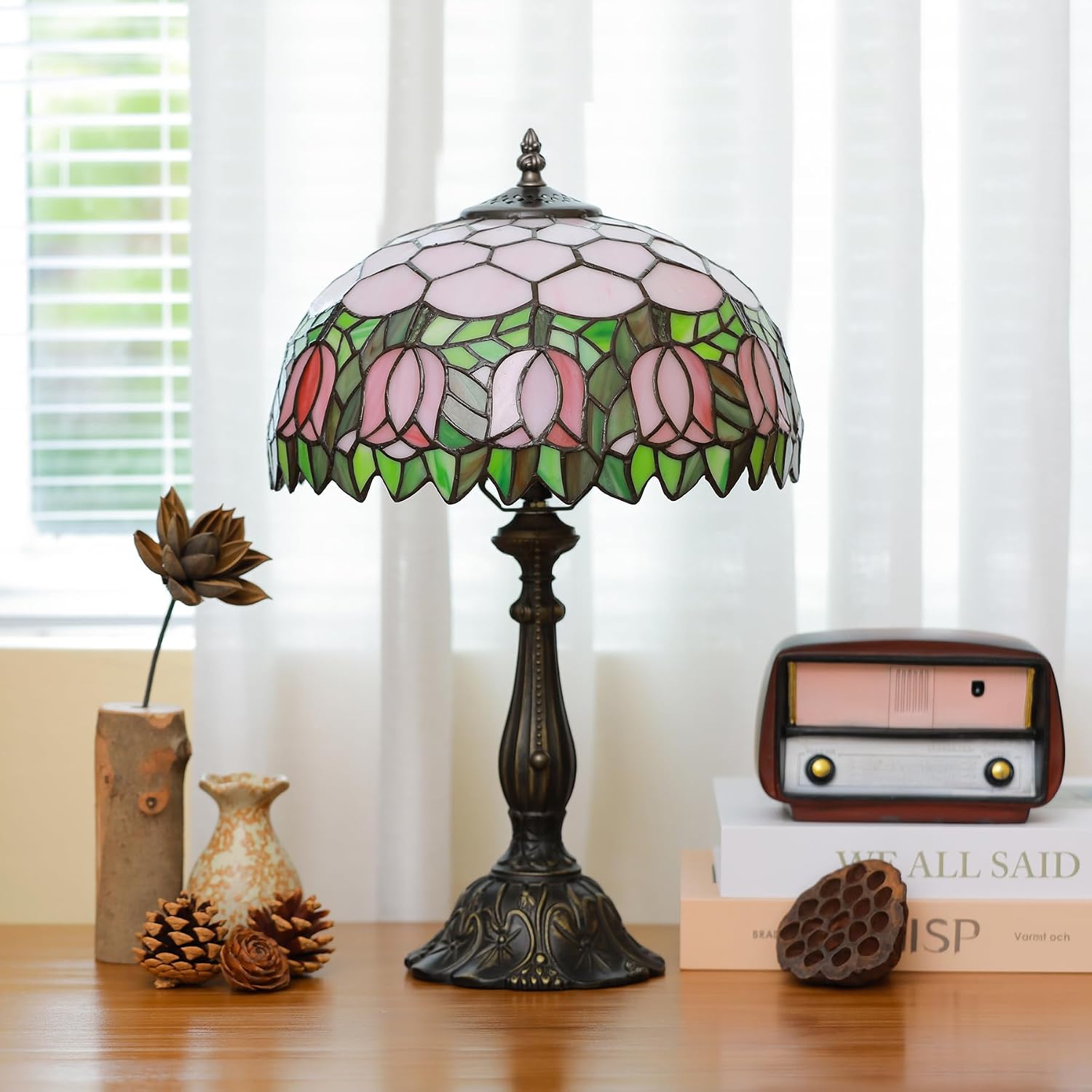 Tiffany Lamps Pink Tulip Style Stained Glass Table Lamp Desk Bedside Reading Light 12X12X18.5 Inches with Bronze Resin Base Applicable to Bedroom Living Room Office