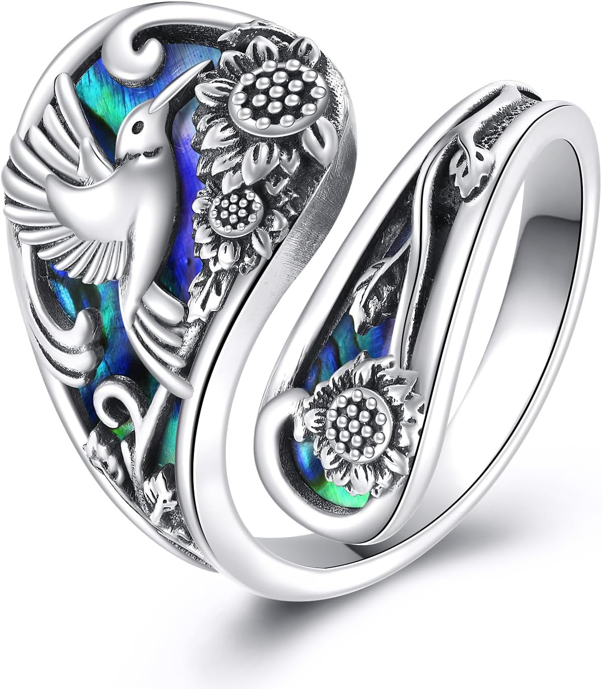 YFN S925 Sterling Silver Hummingbird/Cross/Sunflower/Mountain/Tree of Life Spoon Ring - Vintage Boho Sunflower Thumb Oxidized Wrap Rings Victorian Style Antique Floral Jewelry Gifts for Men Women