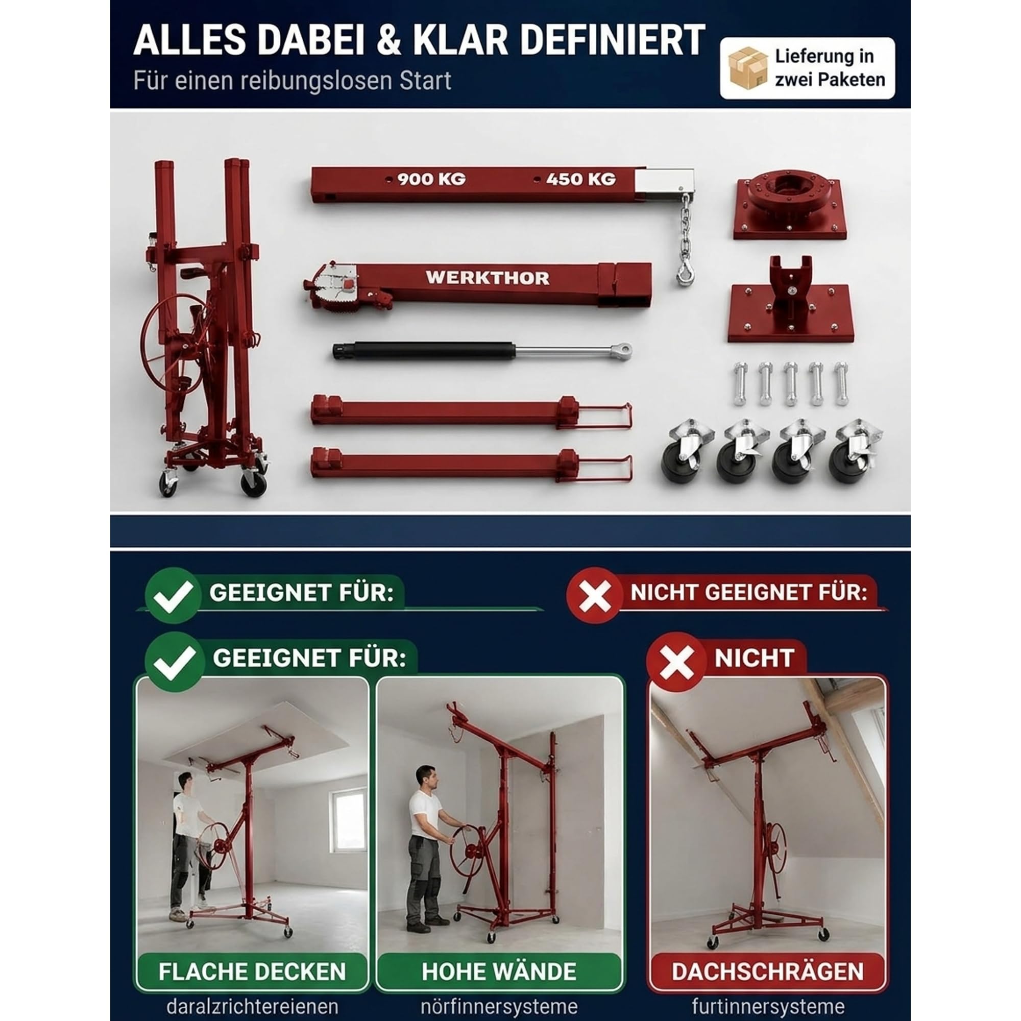 Werkthor Podnośnik do płyt gipsowo-kartonowych XXL do 68 kg – wysokość 140 – 350 cm – podnosi płyty gipsowo-kartonowe z 3 kołami i hamulcem – podnoszenie płyt kartonowo-gipsowych (czerwony)