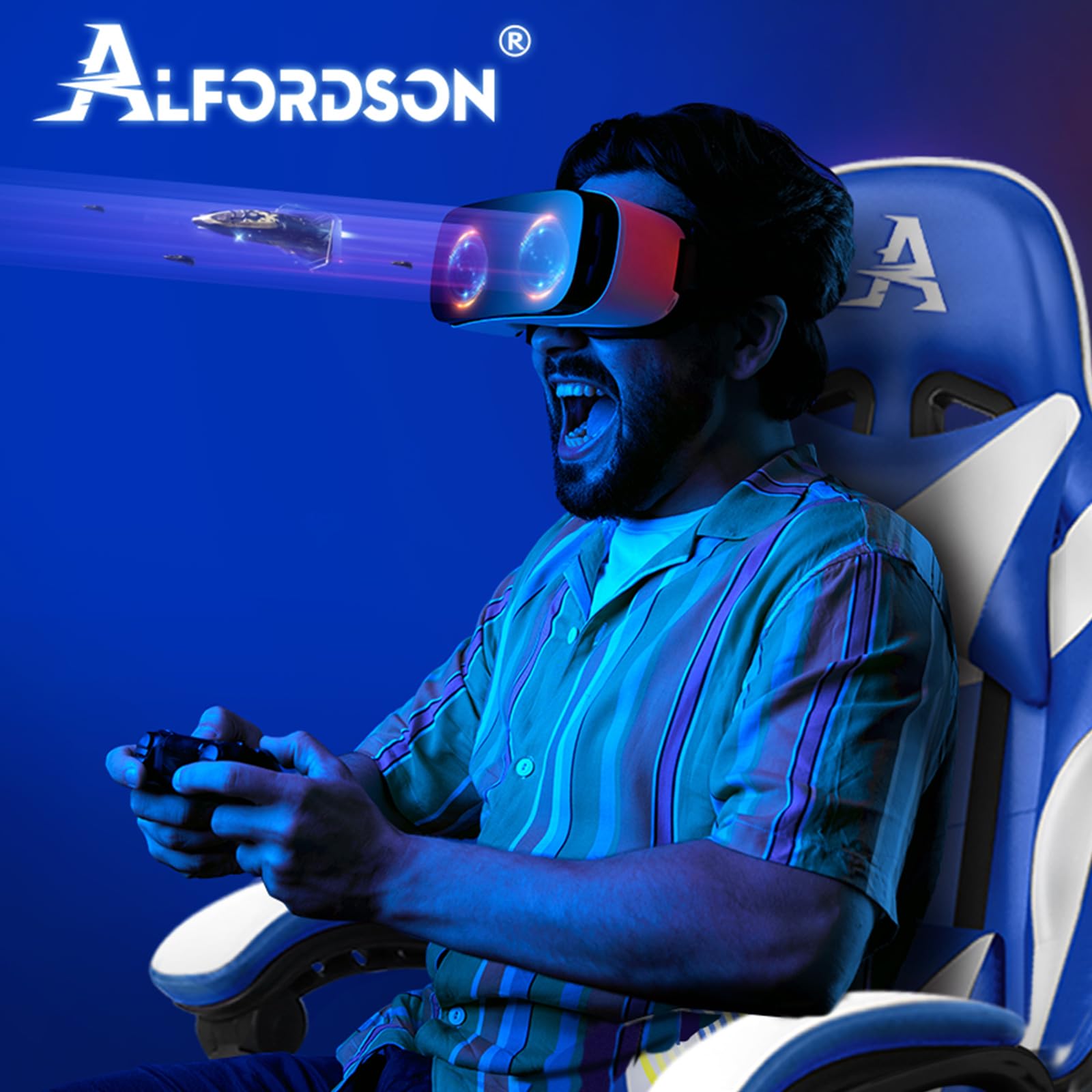 ALFORDSON Silla para Videojuegos, Silla de Escritorio de Oficina ergonómica, Silla de Carreras con Masaje, reposapiés retráctil, Capacidad de 180kg, Cuero de PU, Azul y Blanco