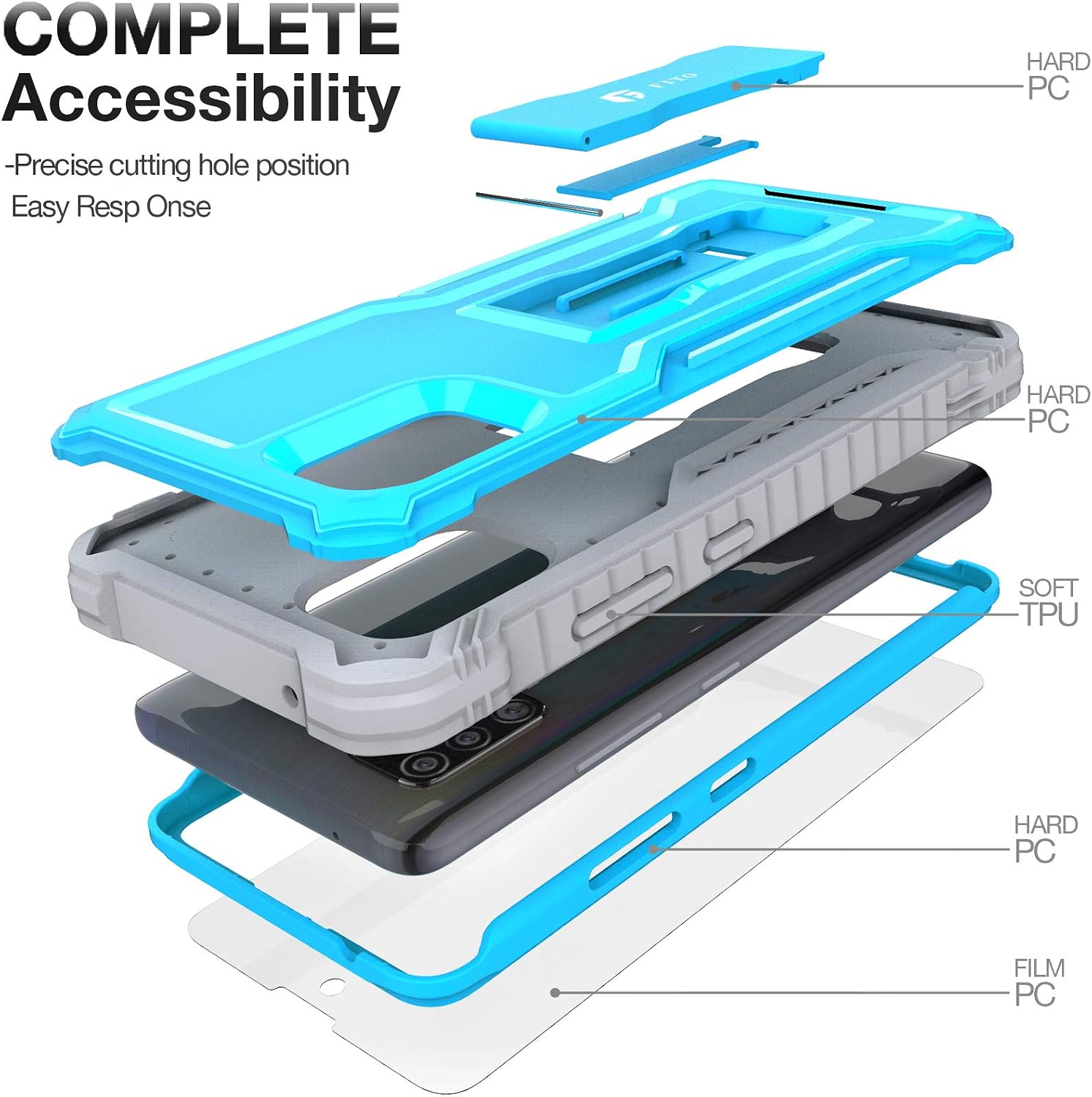 FITO Samsung Galaxy A51 5G Case, Dual Layer Shockproof Heavy Duty Case for Samsung A51 5G Phone with Screen Protector, Built-in Kickstand (Blue)