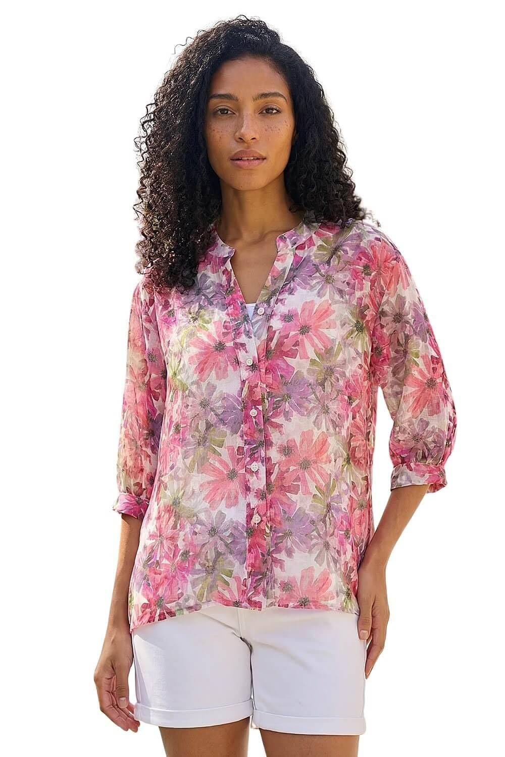 Roman Originals Shirt Top for Women UK Ladies Collarless Blouse Smart Tunic Button Through Longline Asymmetric Hem 3/4 Length Roll Up Sleeves V Neck Going Out