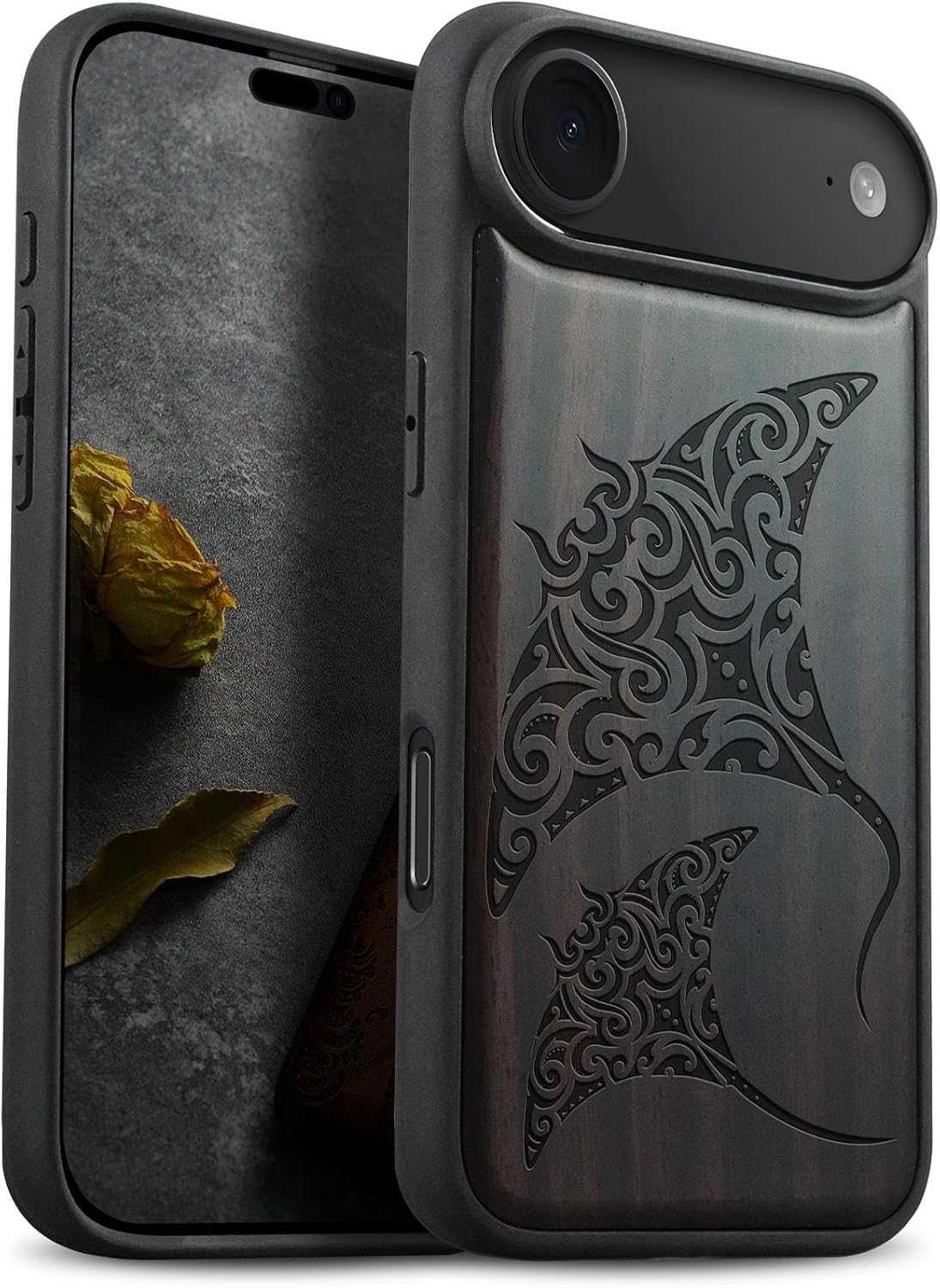 Carveit Magnetic Wooden Case for iPhone Air Case, Wood Artisan Engraved & Soft TPU Shockproof Cover, Compatible with MagSafe 17 Air Wireless Chargers (Manta Rays) Blackwood