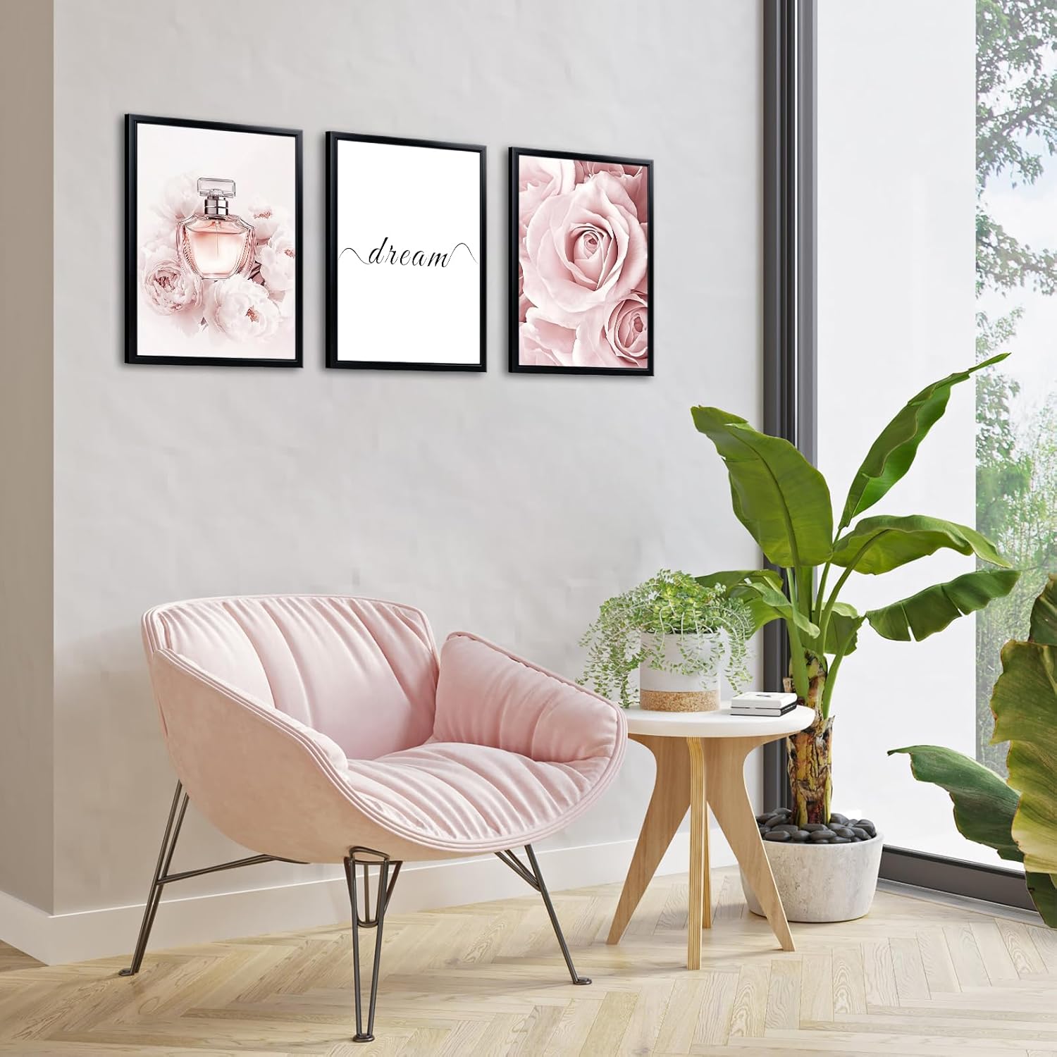 Kalormore 3 Pieces Framed Fashion Canvas Wall Art Pink Rose Flower Picture for Wall Dream Sign Framed Artwork Gift for Girl Woman - Image 4