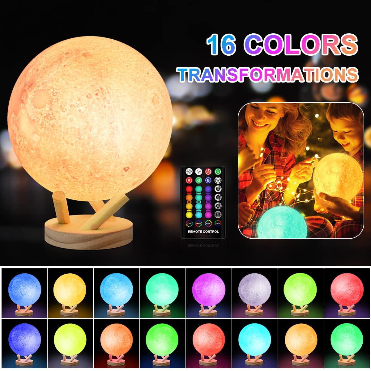 Lámpara de luna, luz nocturna de 16 colores, lámpara de luz 3D, control táctil y remoto, con soporte de madera, LED regulable | Ajuste de tiempo, luz nocturna para oficina/hogar/regalo para