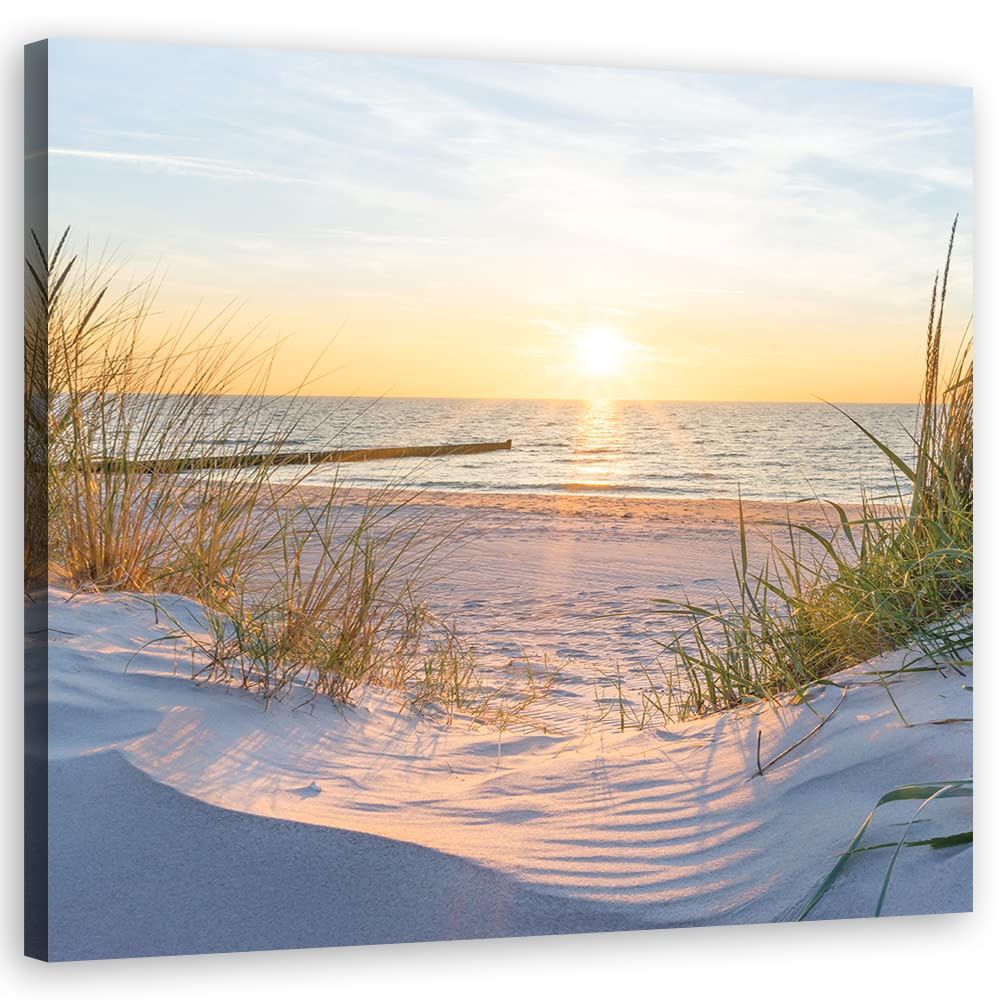 Feeby Vlies Leinwandbild Gras Steg zum Strand Sonnenuntergang 60x60 cm Druckbild Wandbild Wanddekoration Deko Wand Aesthetic Ostsee Nordsee Beige