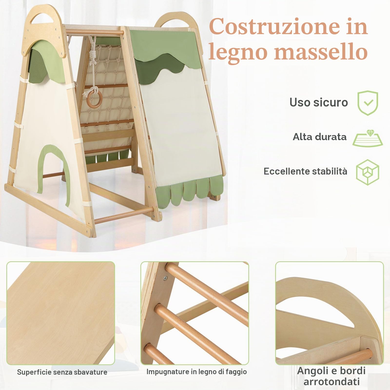 LIFEZEAL 6 in 1 Arrampicata con Scivolo Rete Scaletta e Anelli per Bambini, Triangolo Struttura da Arrampicata in Legno Sicuro e Divertente, Casetta Parco Giochi Stabile per Bimbi 3 Anno+