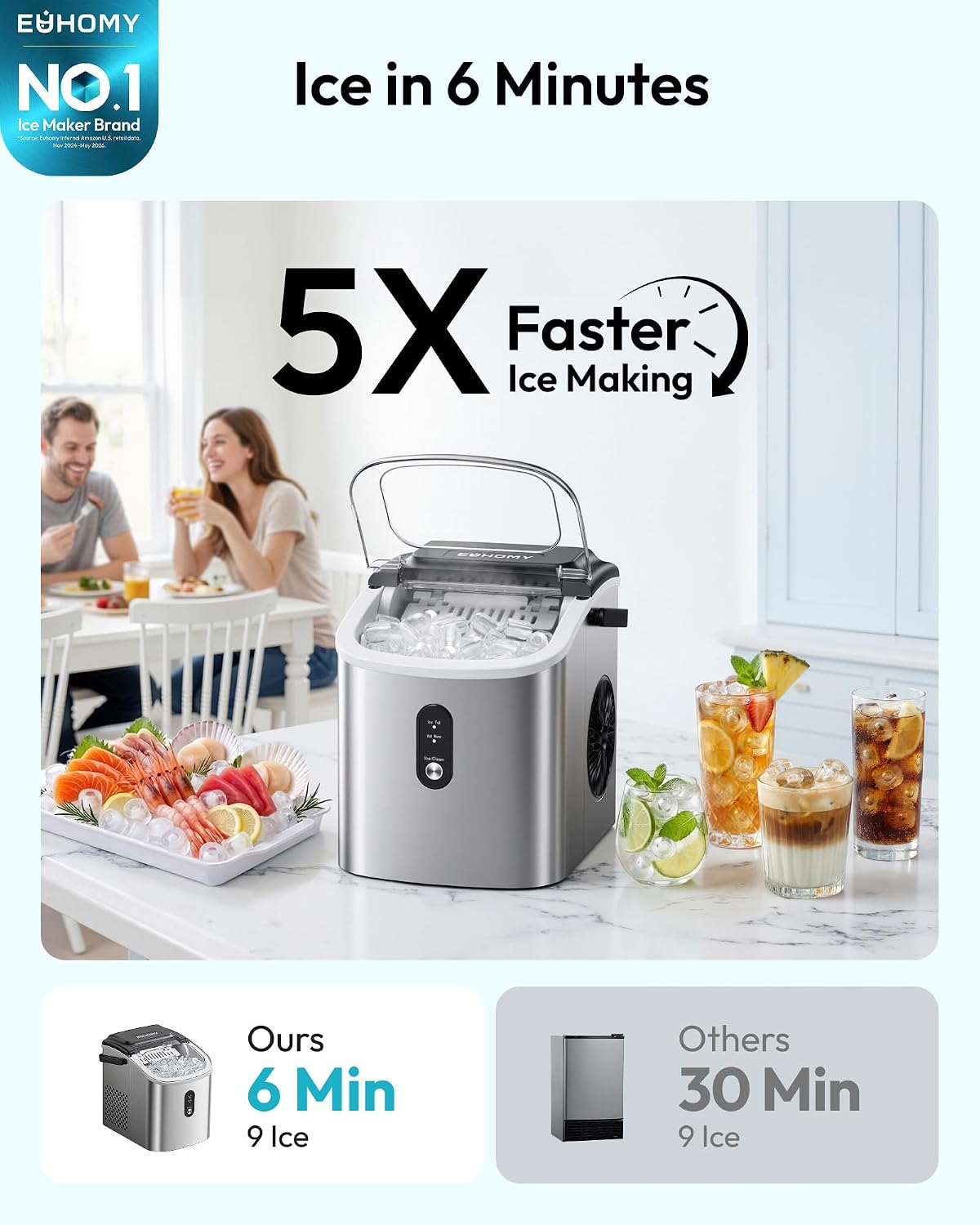 EUHOMY Ice Maker Countertop with Handle, 9 Ice Cubes Ready in 6 Mins | 26.5lbs Daily, Self-Cleaning, Portable Ice Maker Machine with Basket & Scoop, for Home/Kitchen/Camping/RV，Silver image 2
