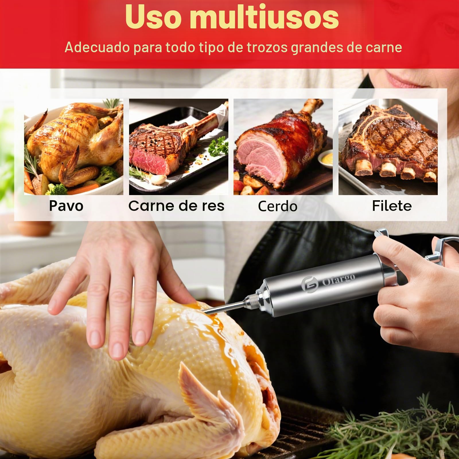 Ofargo Inyector de Condimento con 4 agujas de adobo, Se Utiliza para el Condimento de Carnes Como Carne de res, Pollo, Pavo; Jeringuilla Cocina 60 ml/2 oz; Con bolsa de EVA para guardarlo fácilmente