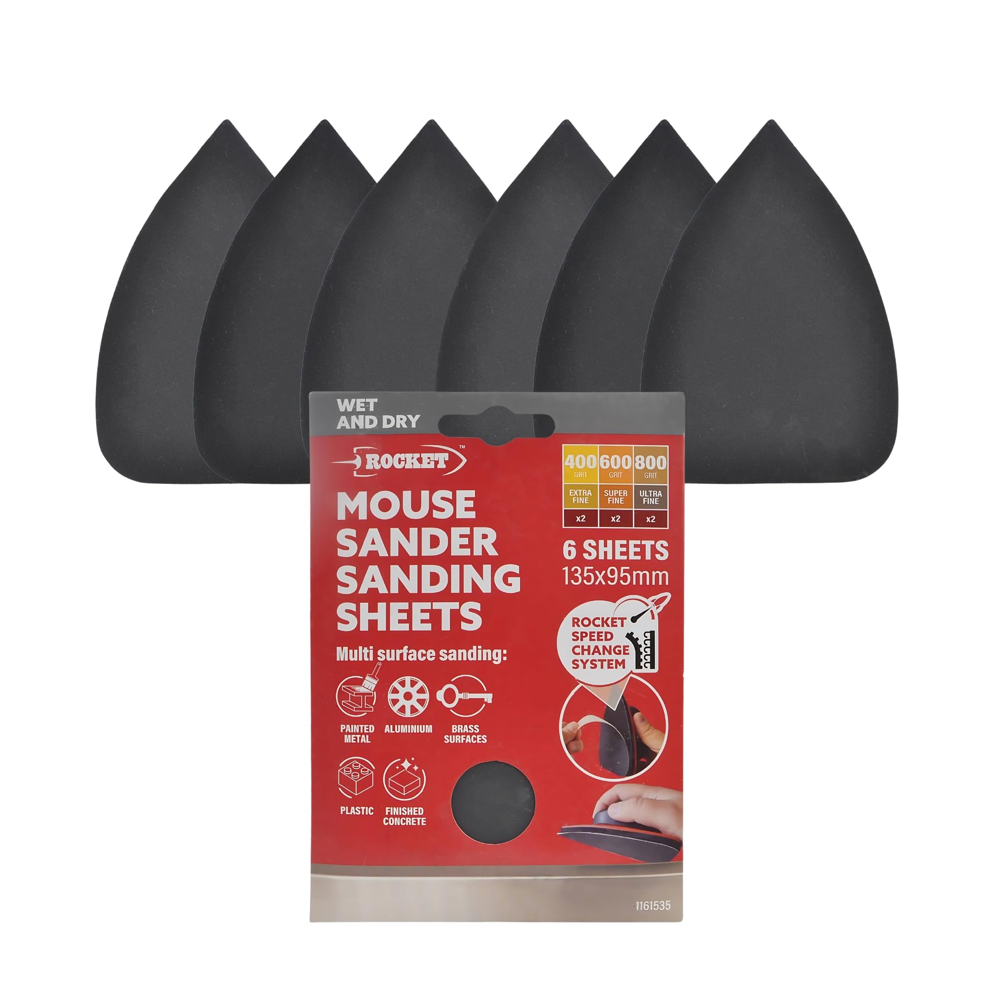 Rocket 6pk Wet & Dry Mouse Sanding Sheets - 135mm x 95mm - 400/600/800 Grit Pads for Metal, Plastics, Wood, Finished Concrete