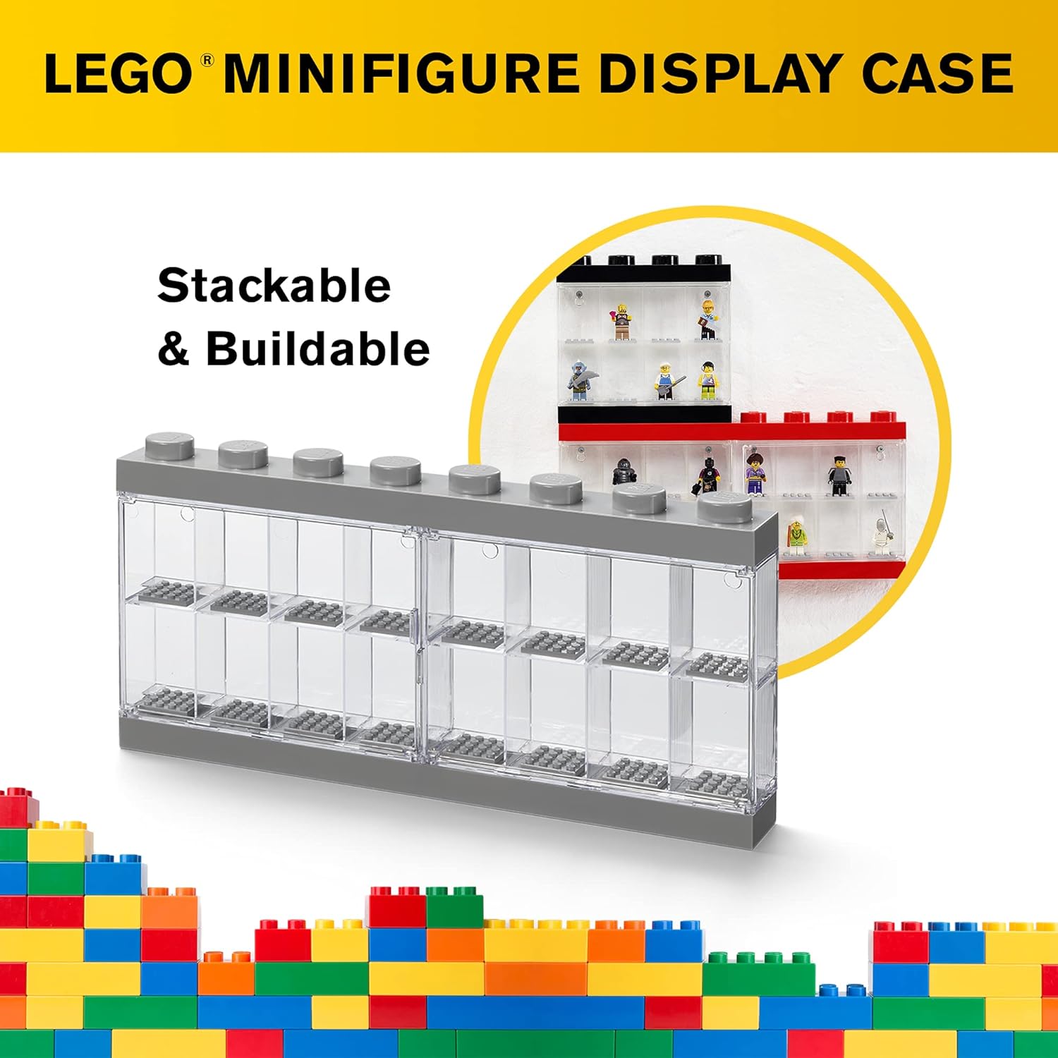 Room Copenhagen, Lego Minifigure Display Case - Stackable Storage Container for Desktop or Wall Mounting - 15.04 x 7.24in - 8 Stud, Medium Stone Grey - Holds 16 Standard Brick People