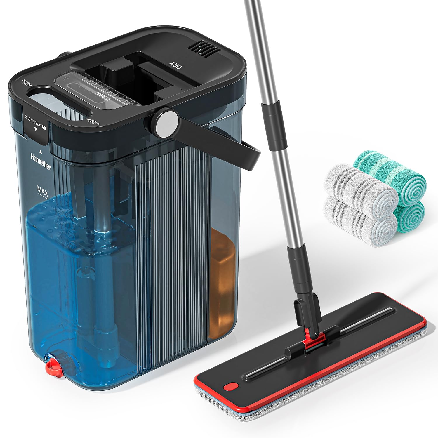 Homettler Transparentes Mopp- und Eimer-Set mit getrennten Behältern für Schmutz- und Sauberes Wasser, 165 cm Langer Flachmopp zur Bodenreinigung, 4 Mikrofaser-Pads für Holz und Fliesen