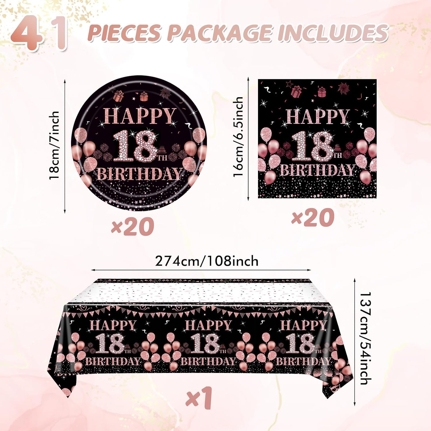 41Pcs 18th Birthday Party Decorations for Girls Her, Rose Gold Birthday Supplies Include 20 Plates 20 Napkins and 1 Tablecloth, Sweet Eighteen Year Old Birthday Party Tableware for Girls Kids Children image 2