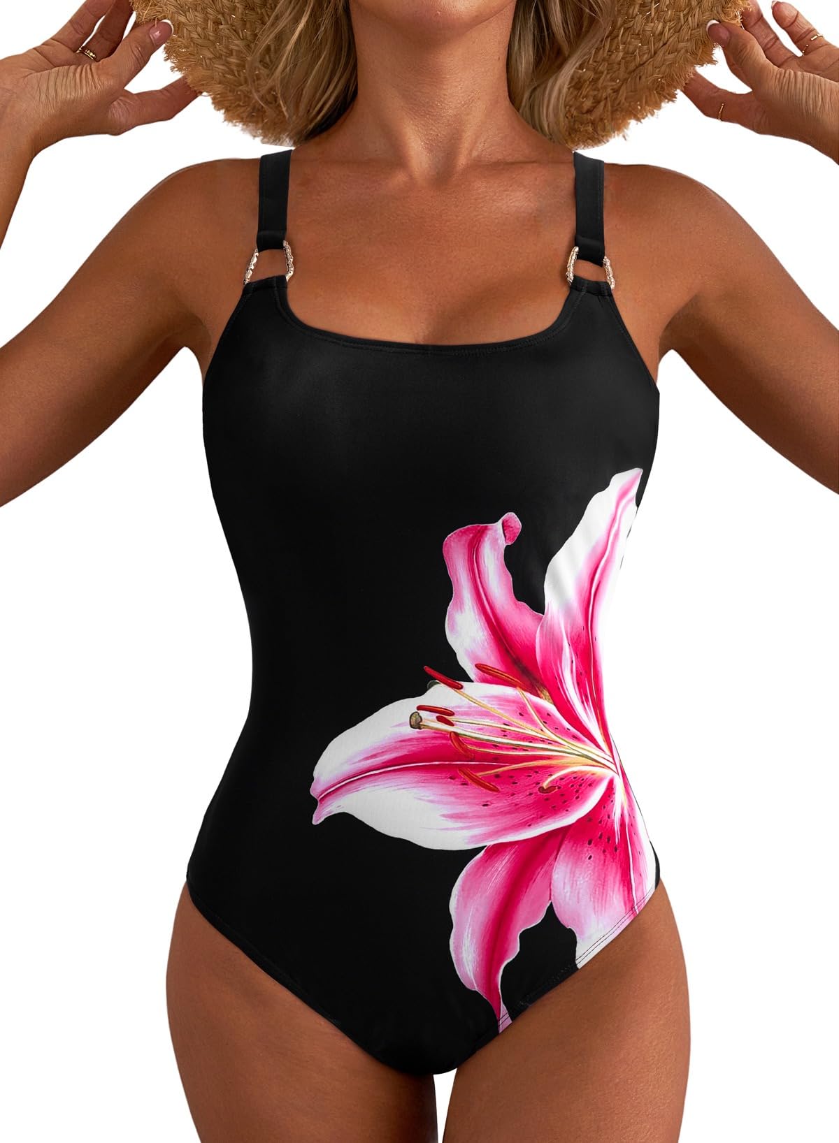 Women's Metal Ring Wide Straps One Piece Swimsuit Floral Print Tummy Control Bathing Suit-image-43