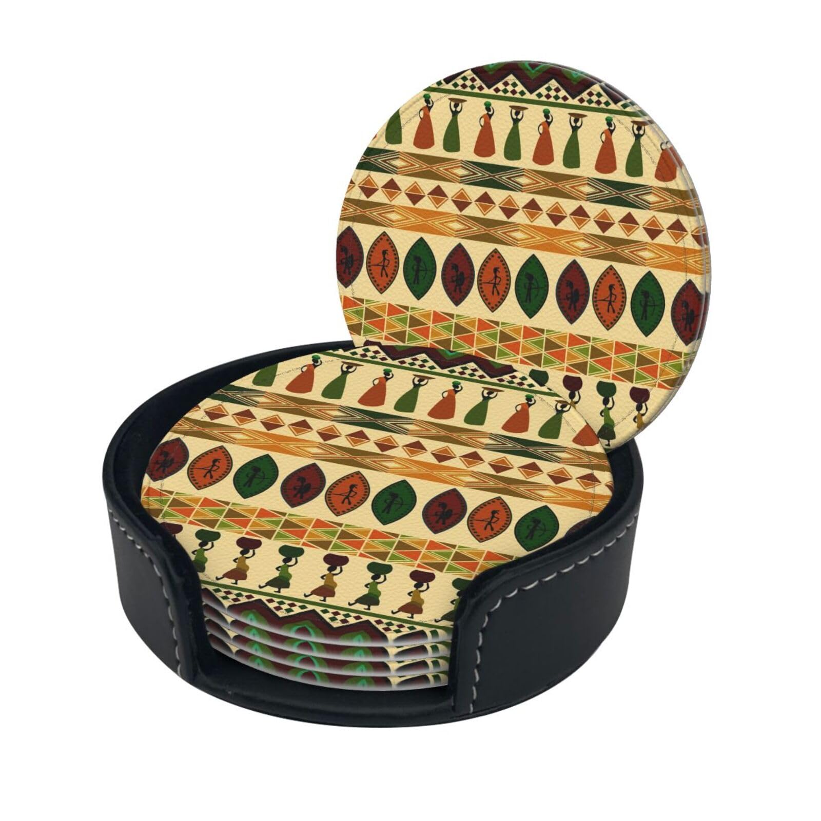 Lklddpzb White Bohemia Style Traditional African Pattern Print Round Leather Coasters - Set Of 6, Ultra-Fiber Pu Leather