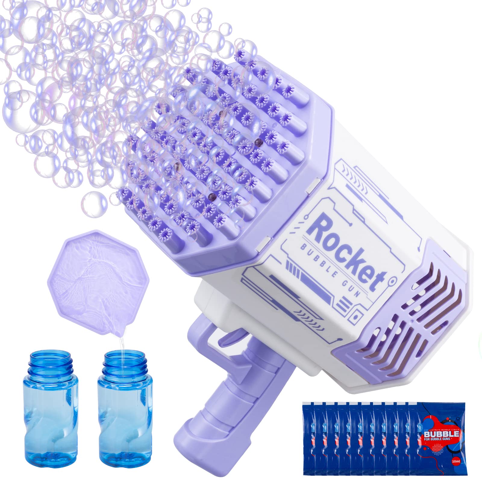 MAMPO Bubble Machine Gun for Toddler Kids Adult, 69 Holes Bazooka Bubble Gun with Colored Lights/Bubble Solution for Boys Girls, Bubbles Maker Toy Gifts for Outdoor Birthday Party (Purple)
