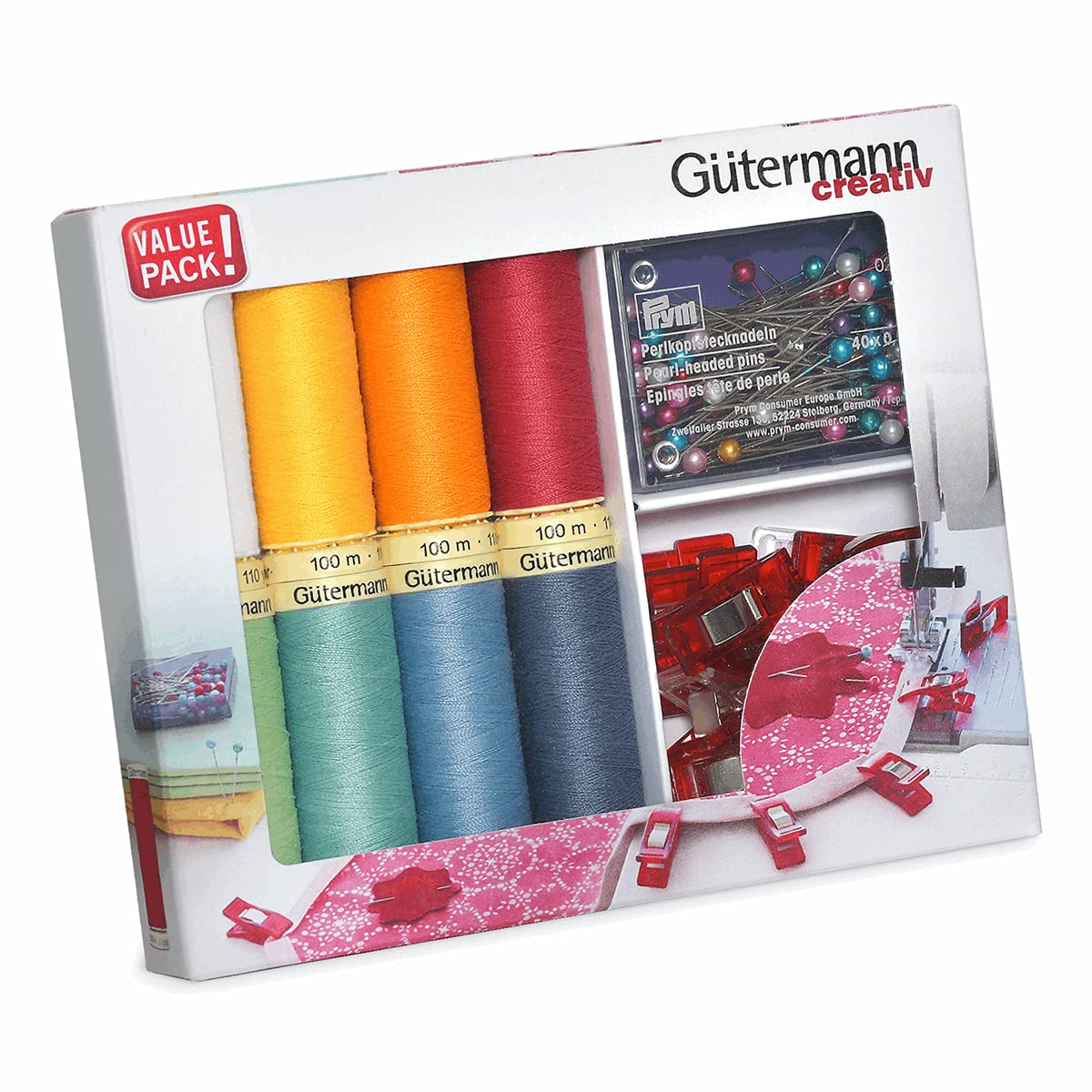 Gütermann creativ Nähfaden-Set mit 8 Spulen Allesnäher 100 m in fröhlichen Farben + Clips und Stecknadeln