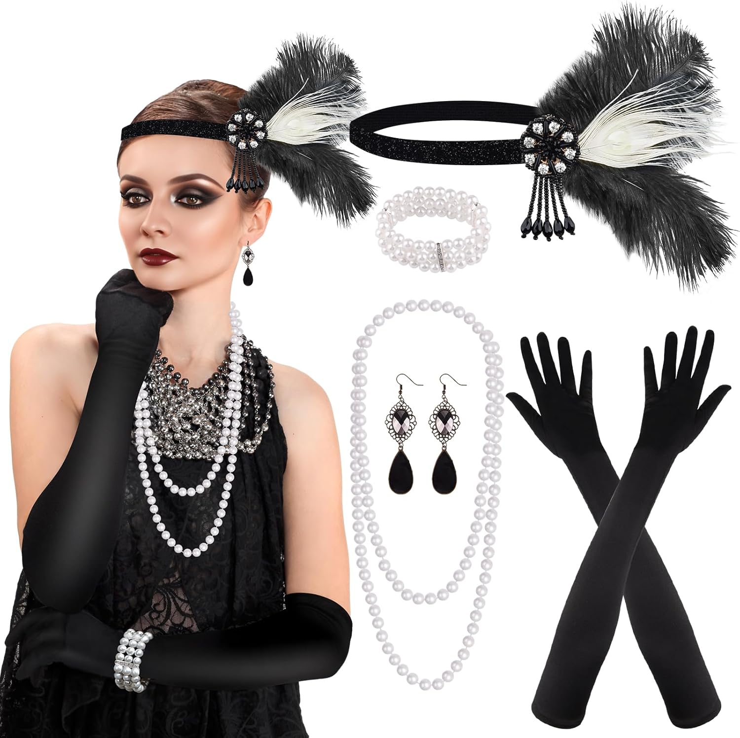 PLULON 1920s Flapper Great Gatsby Accessories Set Fashion Roaring 20's Theme Set