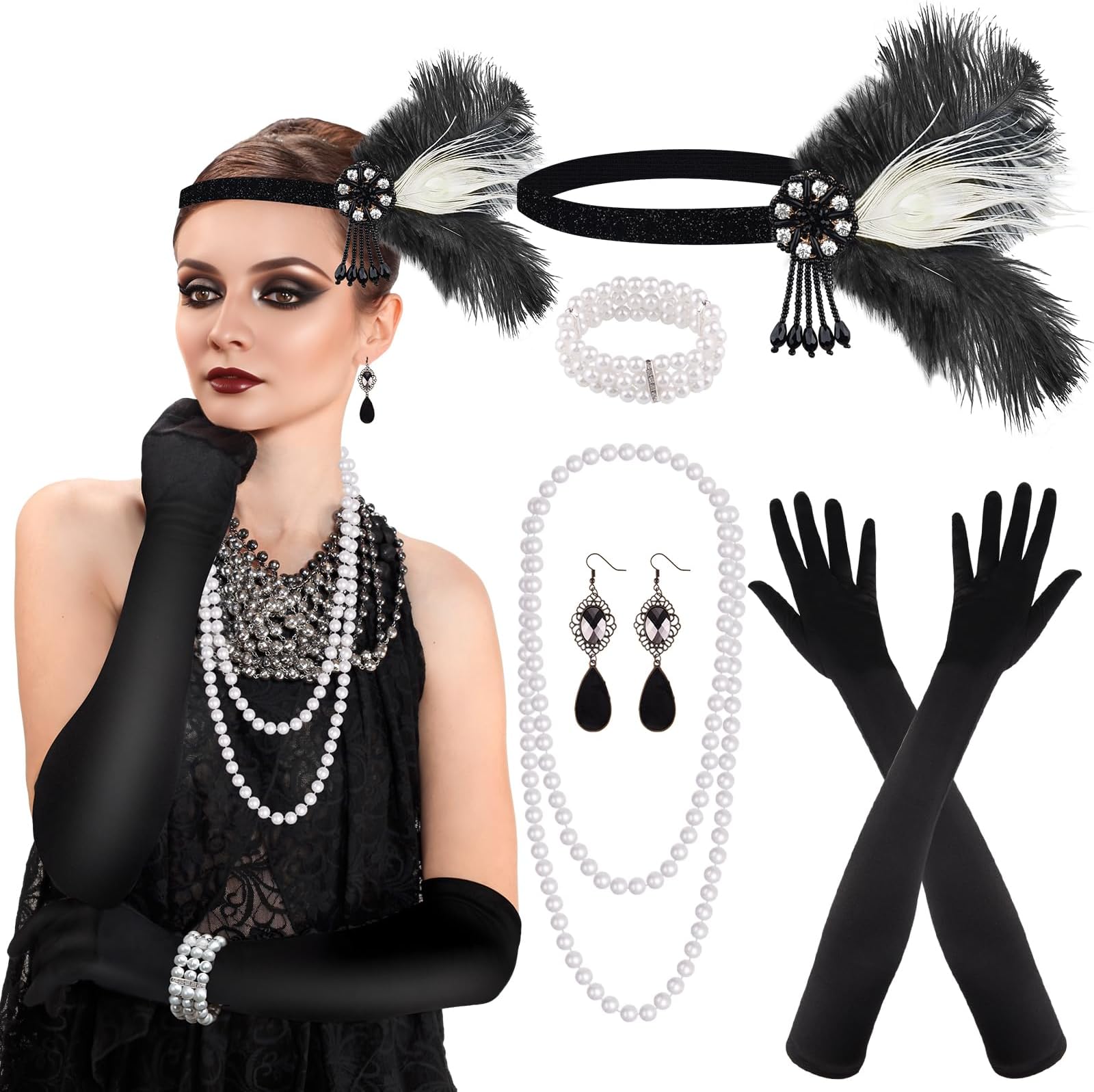 PLULON 1920s Flapper Great Gatsby Accessories Set Fashion Roaring 20's Theme Set