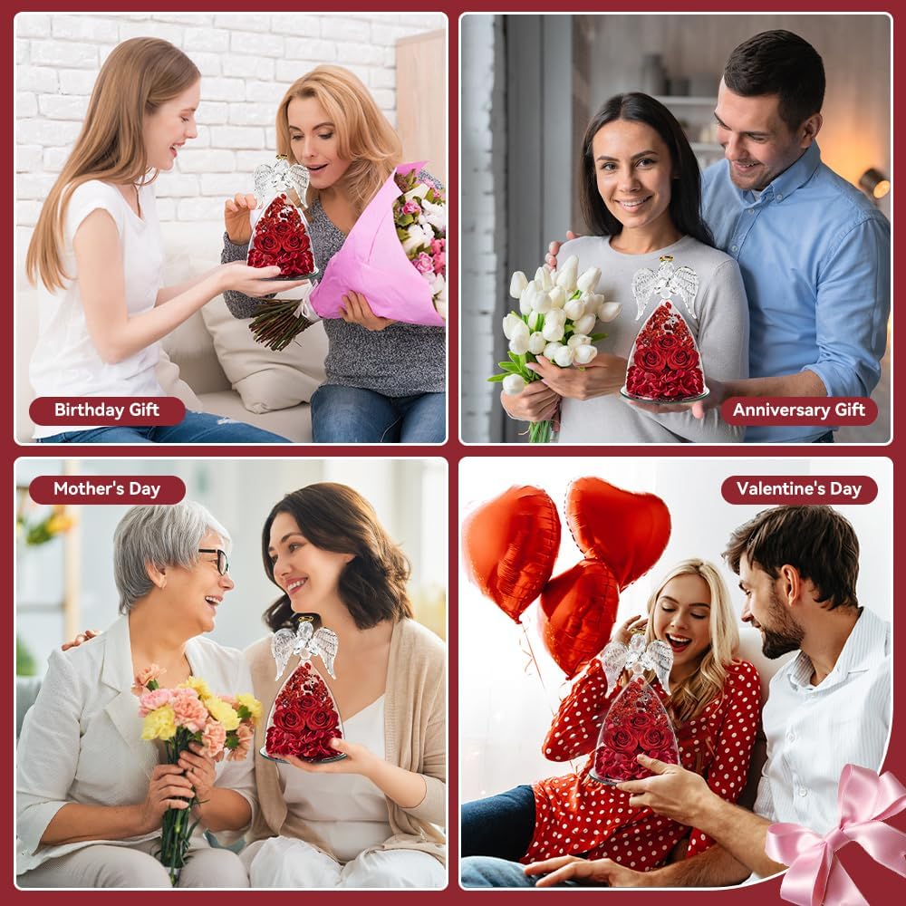 Gifts for Mom, Preserved Rose Forever Flowers in Angels Figurines, Red Roses in Angel Statue Birthday Gifts for Women Anniversary Wedding Gifts for Mom Wife Girlfriend