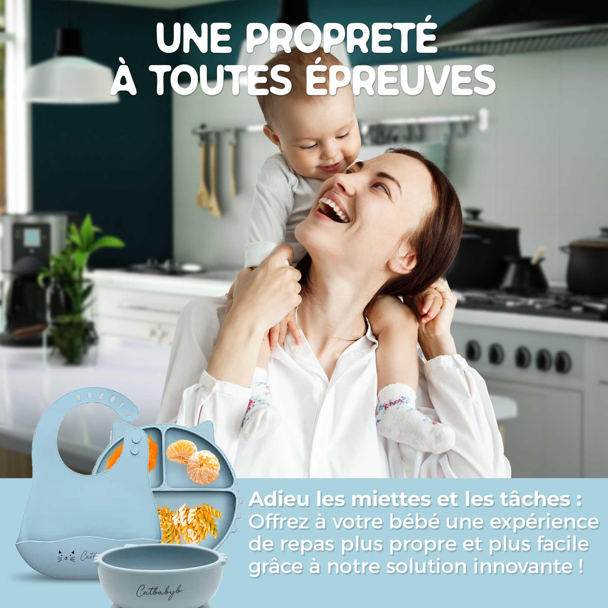 coffrets repas pour bébé Silicone, Lot de 6, Assiette Ventouse, 3 Compartiments pour Bébé, Set Couverts, Bol Ventouse, Bavoir Réglable, Tasse d’Apprentissage