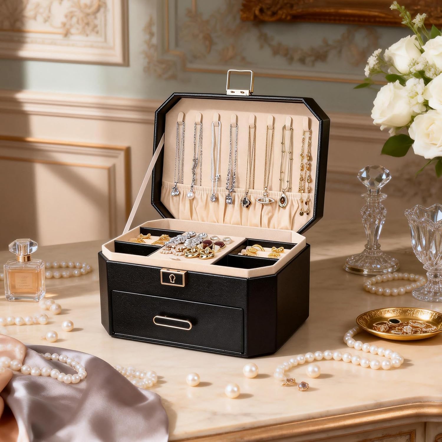 Greenfeather Jewelry Organizer Box for Women, Decorative Storage Box with Lid,Jewelry Box with Lock and Key,2 Tier Jewelry Storage for Necklaces Rings Earrings Bracelets,Glossy Black,Octagonal Design