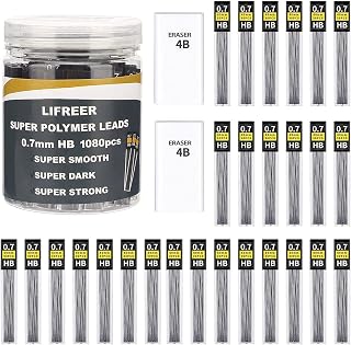 Lifreer 1080 Pack 0.7mm HB Mechanical Pencil Lead Refills & 2 Erasers - Unbreakable, Smooth, Break-Resistant for Students & Pros