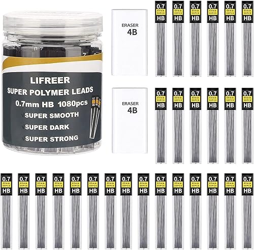 Lifreer Recambios de plomo de 0.7 (1080 unidades), repuestos de plomo irrompibles de 0.028 in y 2 borradores de alta calidad, repuesto de plomo HB