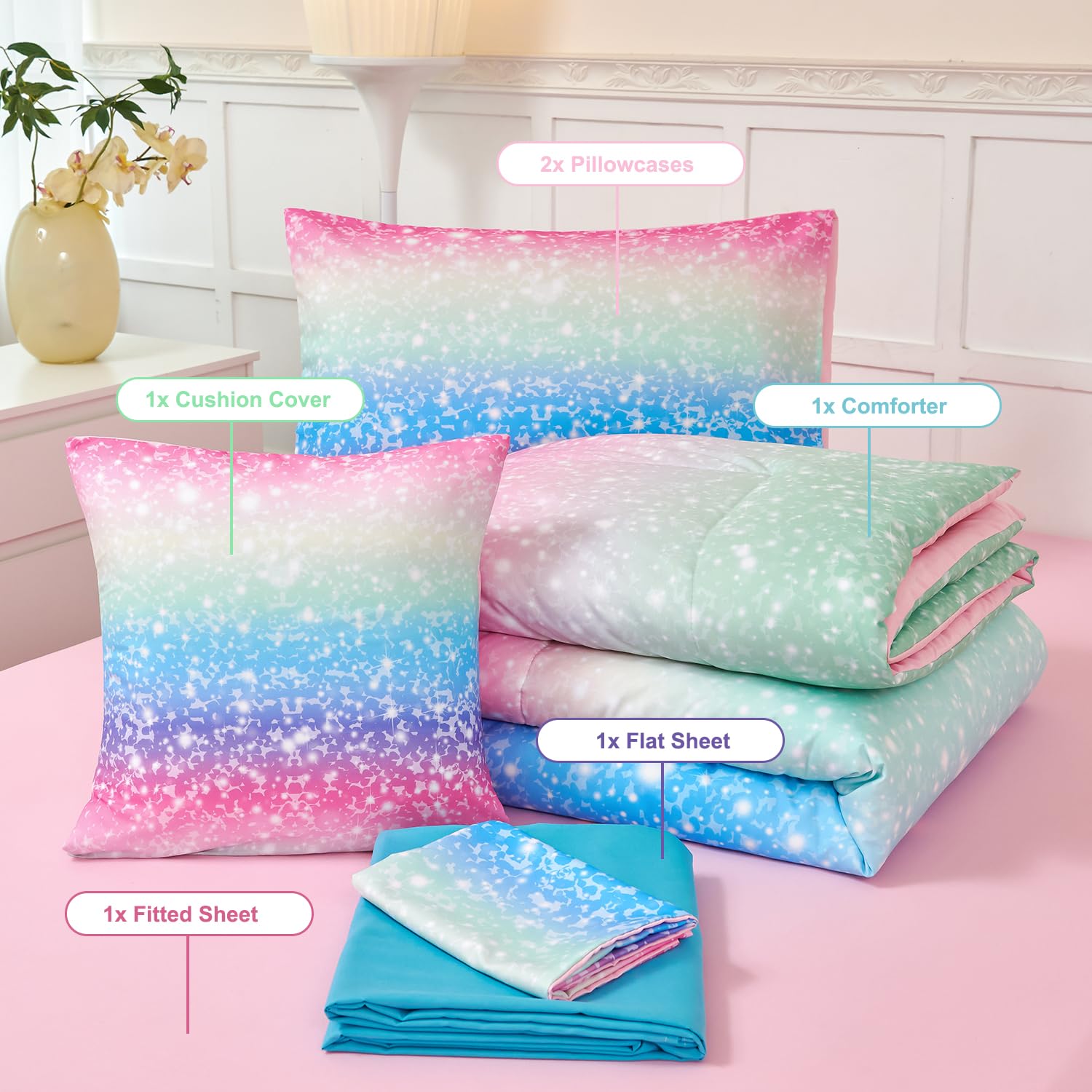 PERFEMET Niebiesko-zielony zestaw pościeli dla dziewczynek, 6 szt., kolorowe tęczowe zestawy pościeli dla dzieci, Tie Dye ombre, podwójne kołdry z prześcieradłami, gradientowe zestawy łóżek