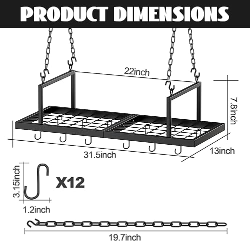 Miniatura 7 de Estante colgante para ollas, colgador de ollas de 31 pulgadas para cocina, estante para ollas montado en el techo con 12 ganchos en S desmontables,