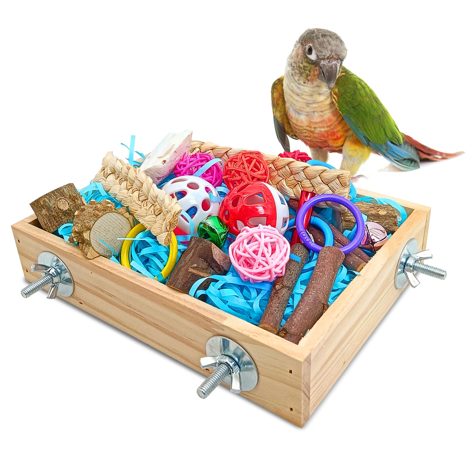 BNOSDM Bird Foraging Toys Box Colorful Parrot Foraging and Shredding Toy Boxes Natural Bird Toy Wooden Birds Chewing Toys for Parakeet, Conure, Cockatiel, Budgies, Lovebirds (Small)