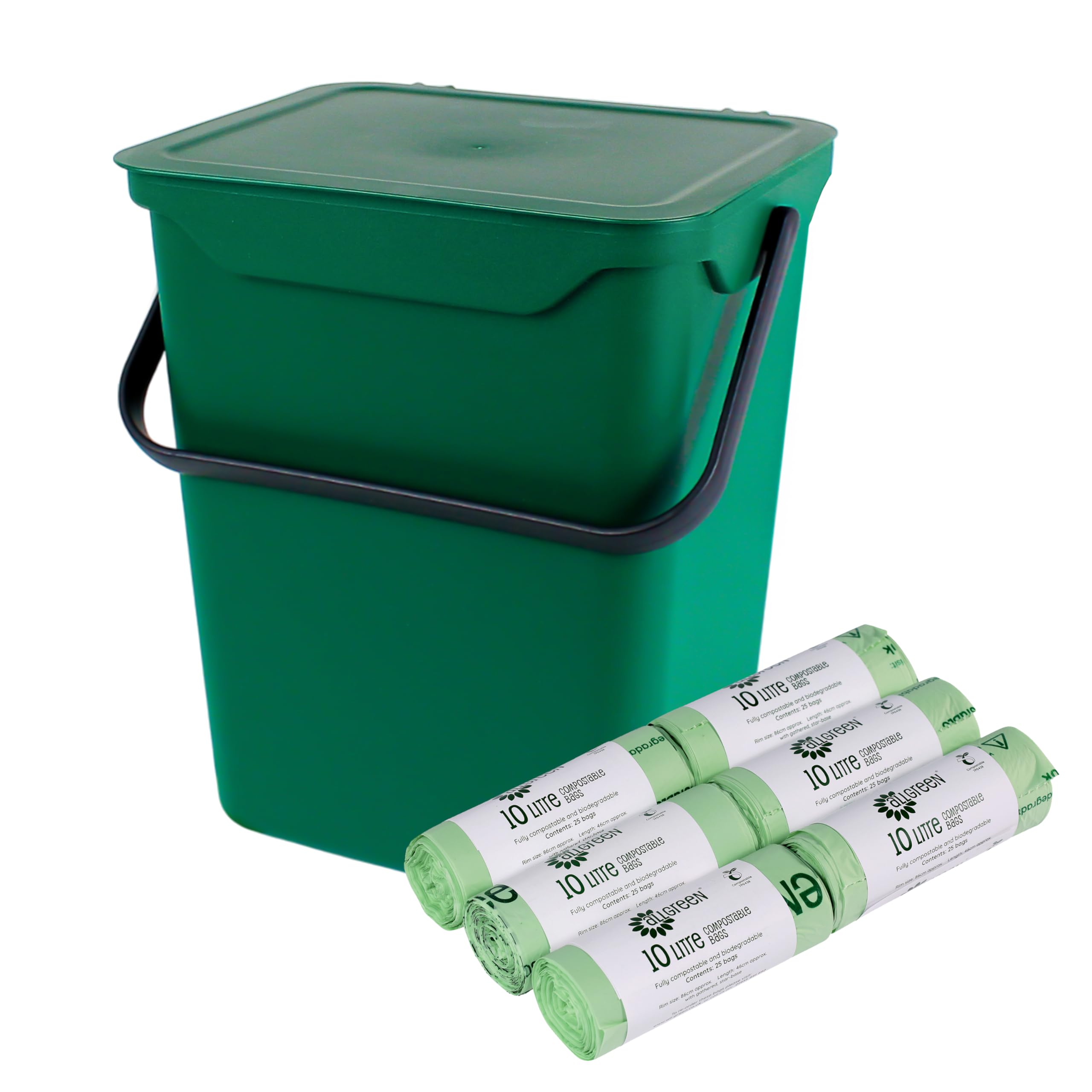 All-Green Green Easy Eco 10L Large Plastic Kitchen Compost Caddy/Food Waste Bin & 150X 10L Compostable Bags