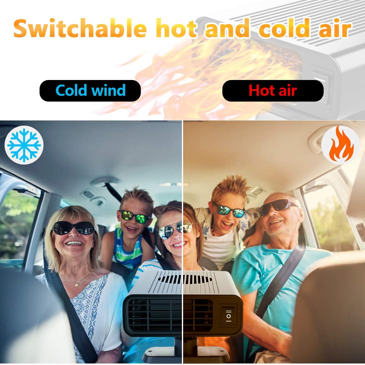 Showvigor Clima Ventola Auto 2-in-1, Riscaldatore e Ventilatore Portatile 150W, Doppia modalità Caldo/Freddo, 360° Rotazione, per Defrosting e Aria Fresca, Universale per Auto
