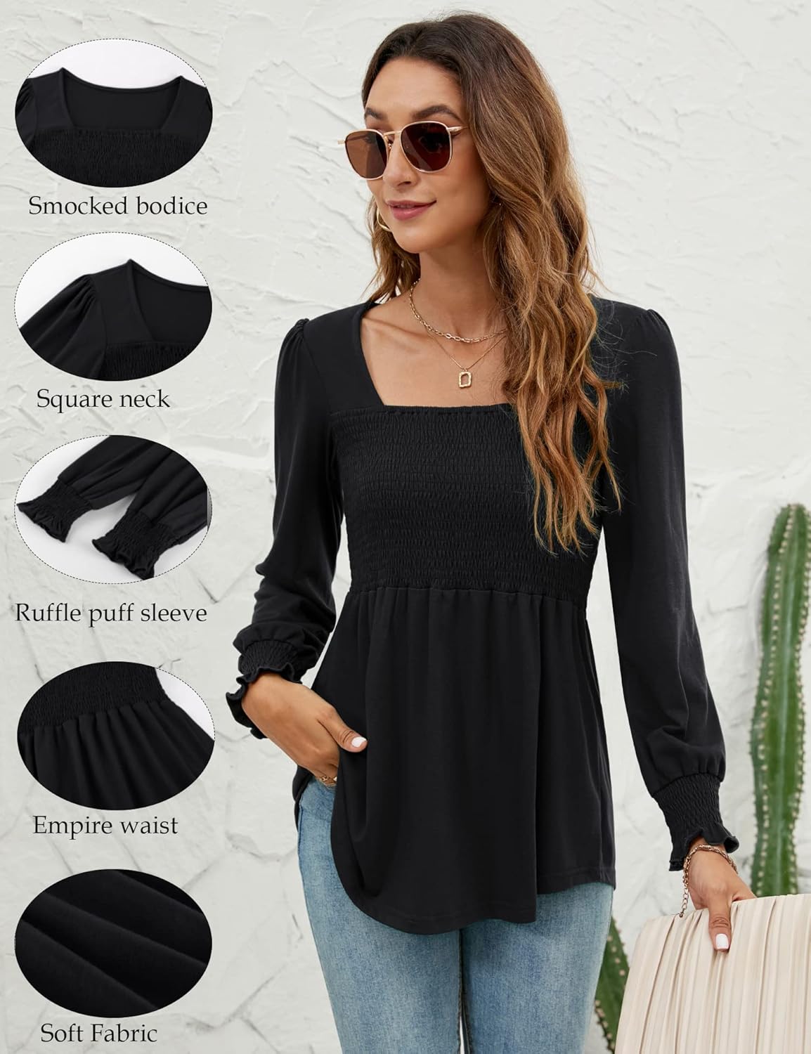 LOMON Blouses for Women Puff Long Sleeve Shirts Square Neck Casual Smocked Tunic Tops 2024 Spring Fall Winter Clothes S-XL - Image 4
