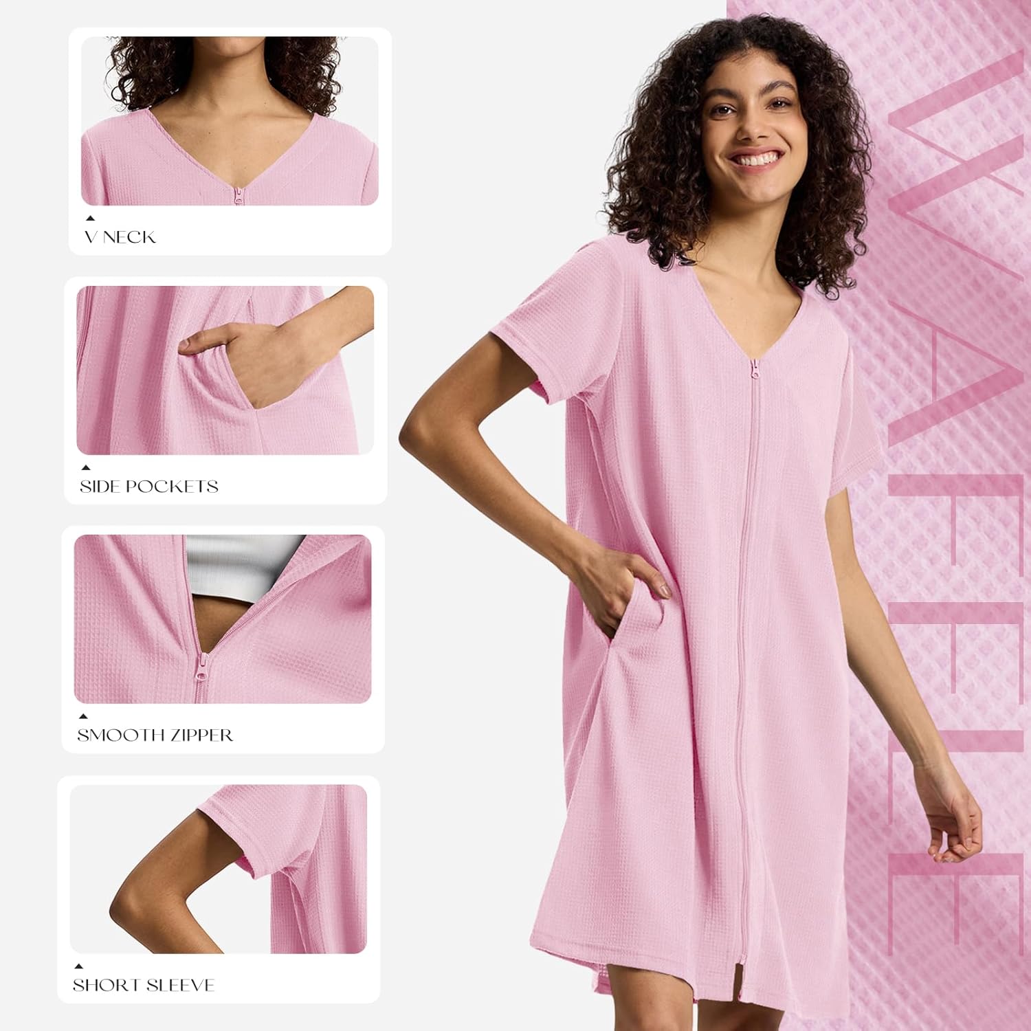 SIORO Women Zipper Robes Waffle Short Sleeve Bathrobe Lightweight Housecoat Knee Length Nightgown with Pockets Pink X-Large - Image 4