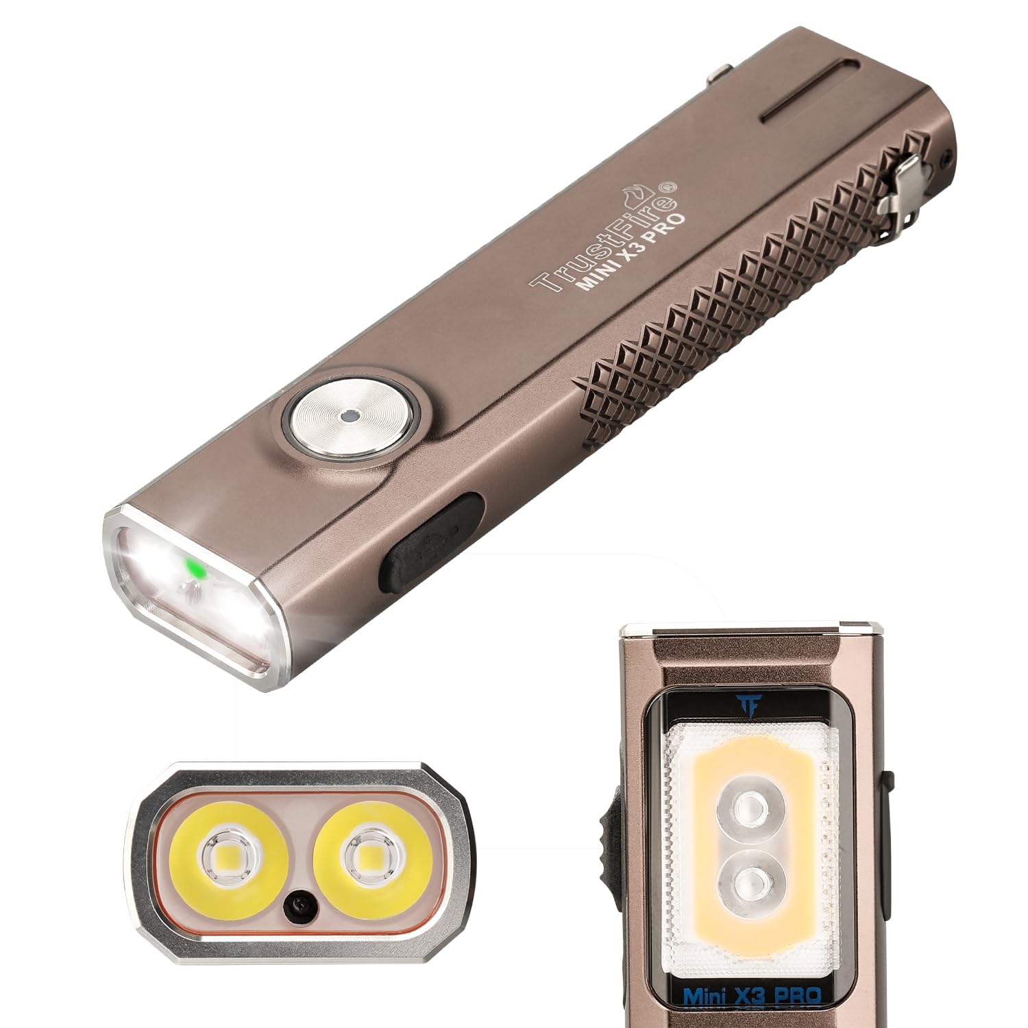 TrustFire X3-PRO - Linterna plana 6 en 1 con modos de iluminación de 2050 lúmenes, color marrón | Linternas recargables EDC con luz blanca, luz UV, luz verde, luz roja y azul, para camping, senderismo