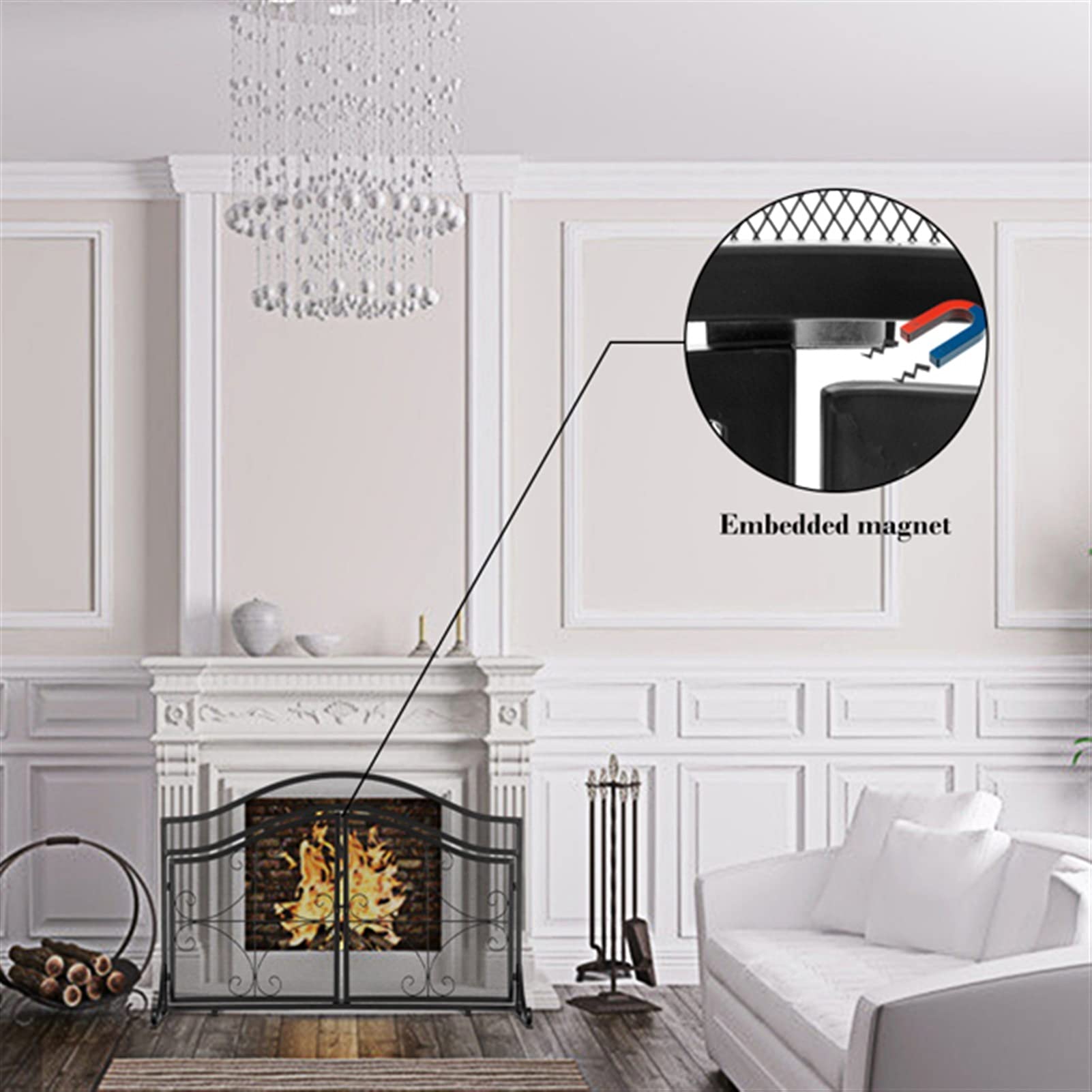 Schermi per Caminetti di Guardia Nero con doppia porta magnetica con motivo a diamante Barbecue Decorazione soggiorno in ferro battuto Schermo camino in ferro battuto Accessori per Caminetti in Rete D