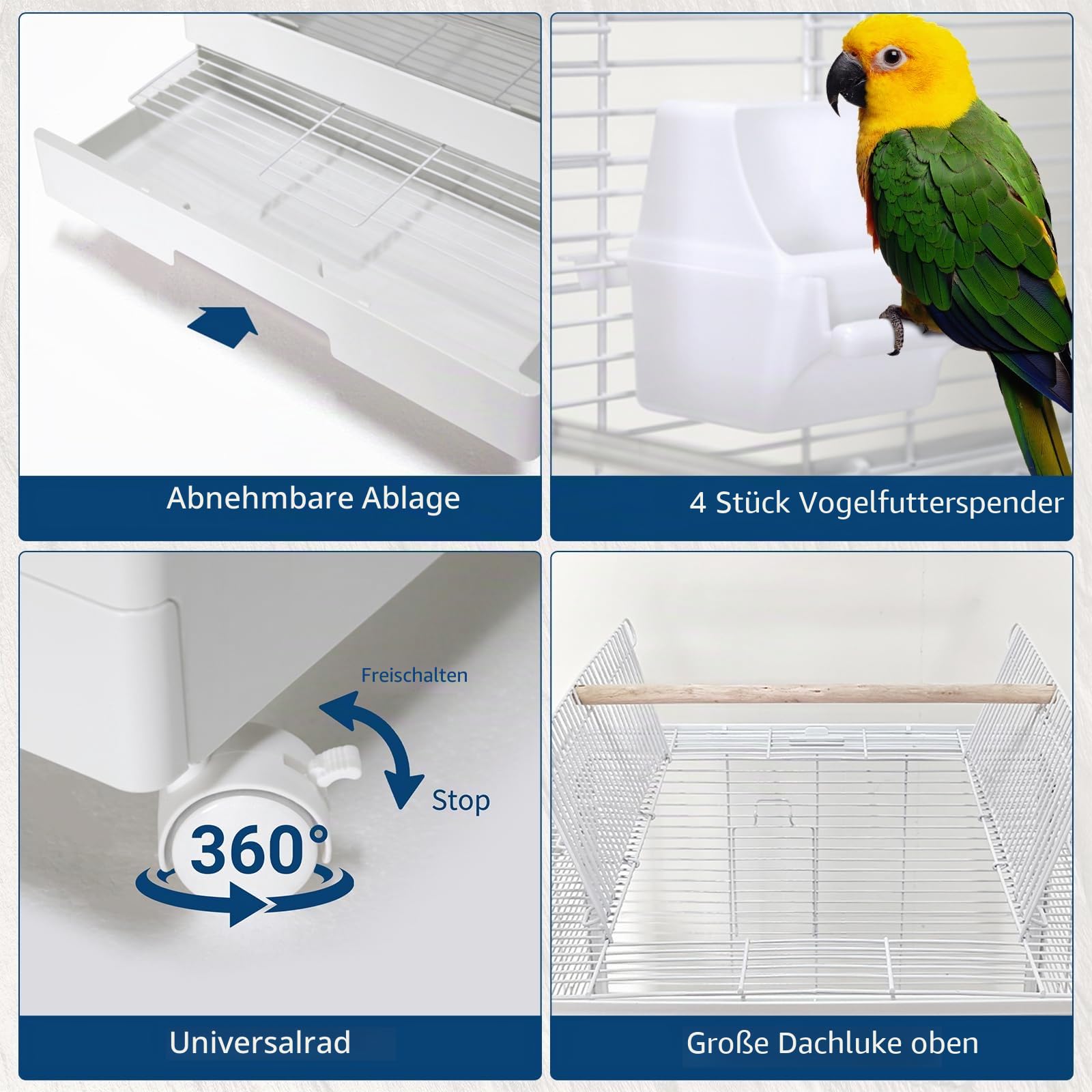 Groß Vogelvoliere 100x46x46cm, 2 Etagen Abnehmbar Vogelkäfig, Rollen Vogelkäfig Metall Vogelvoliere mit Abnehmbarem Tablett, Futtertrögen, Leicht zu Reinigendem Außenvoliere Zuchtkäfig, Weiß