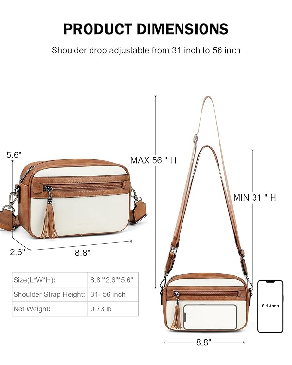 MASINTOR Crossbody Purses for Women Vegan Leather, Travel Purse Shoulder Handbag with Adjustable Strap, Fashionable Women’s Travel Bags with and Tassel Brown with Off-White by MASINTOR - Used condition - Image 5