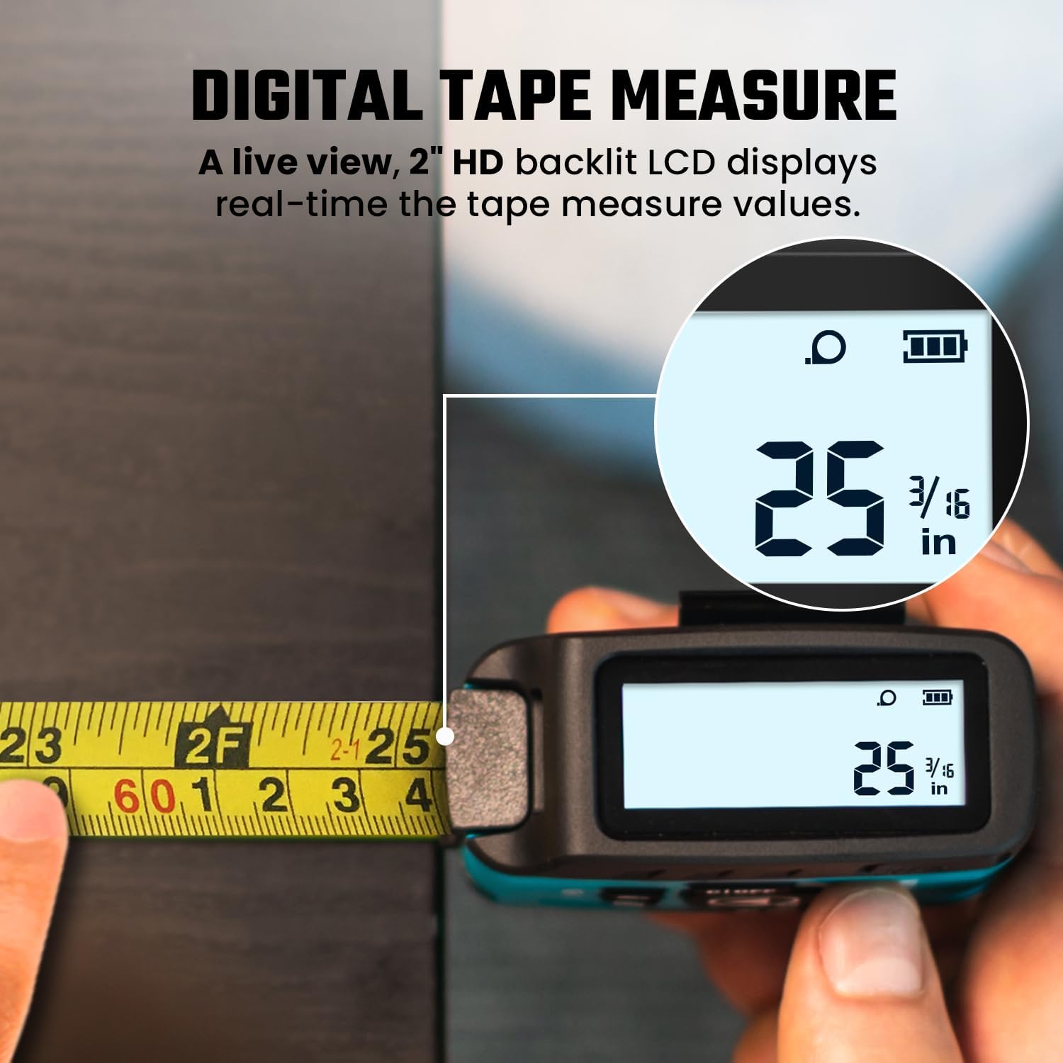 MiLESEEY DT20 Digital Laser Tape Measure display showing battery and measurement