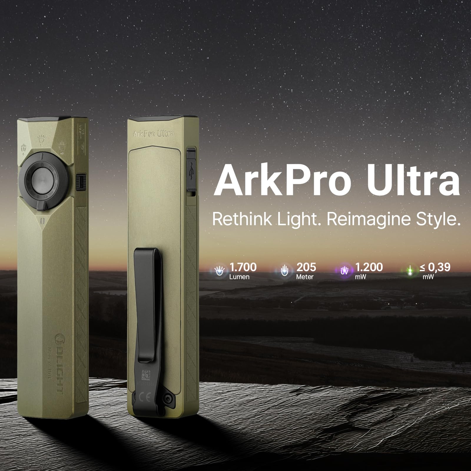 OLIGHT ArkPro Ultra led Taschenlampe mit UV Licht und Grünlicht, 1700 Lumen, robuster flache Taschenlampe mit reinweißem Licht, Magnetischer oder USB-C Anschluss für Outdoor, IPX7 Wasserdicht, OD Grün
