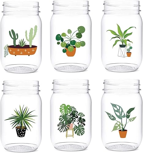 TOSSWARE POP - Tarros de 16 onzas, juego de 6 piezas de plástico reciclable, irrompible y transparente, tarros Mason con impresión