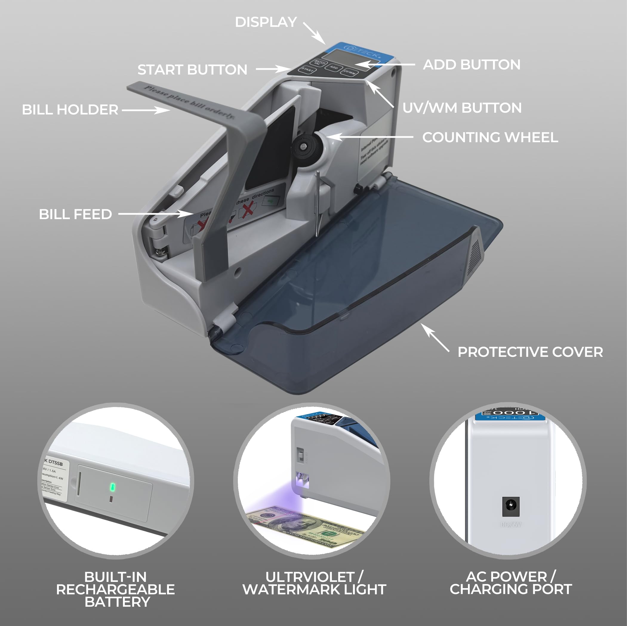 DETECK DT5SB - Máquina portátil de contador de dinero con detección de falsificaciones UV/WM – Práctica cantidad de billetes solo para contador de efectivo pequeña (batería recargable incluida)