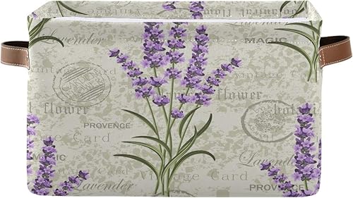 Cesta de almacenamiento de tela de lona vintage con diseño floral de lavanda floral y asas de piel sintética, organizador para armario, estantes y