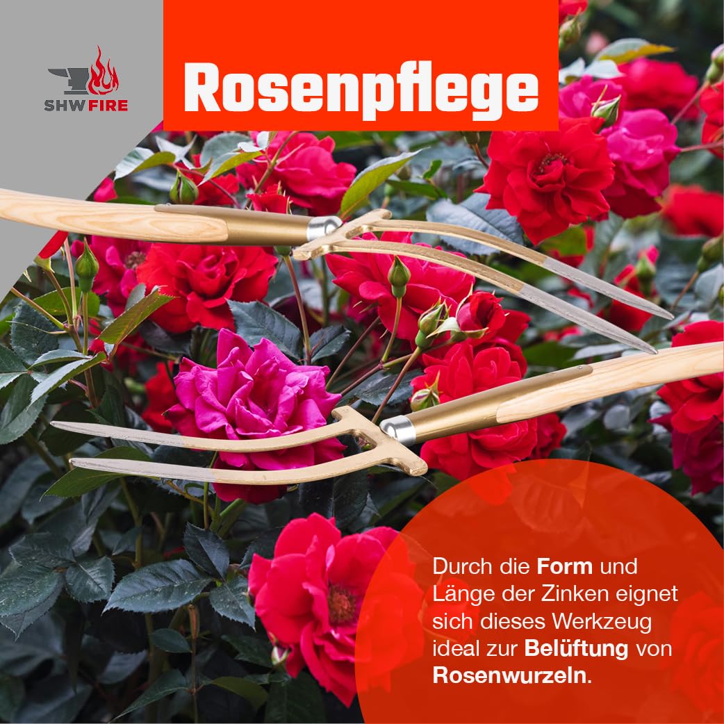 SHW-FIRE | Rosengabel mit 85 cm T-Griff aus Eschenholz – handgeschmiedete Bajonettzinken aus gehärtetem Stahl, ideal für Rosenpflege, Unkrautentfernung & Bodenbelüftung | Made in Germany